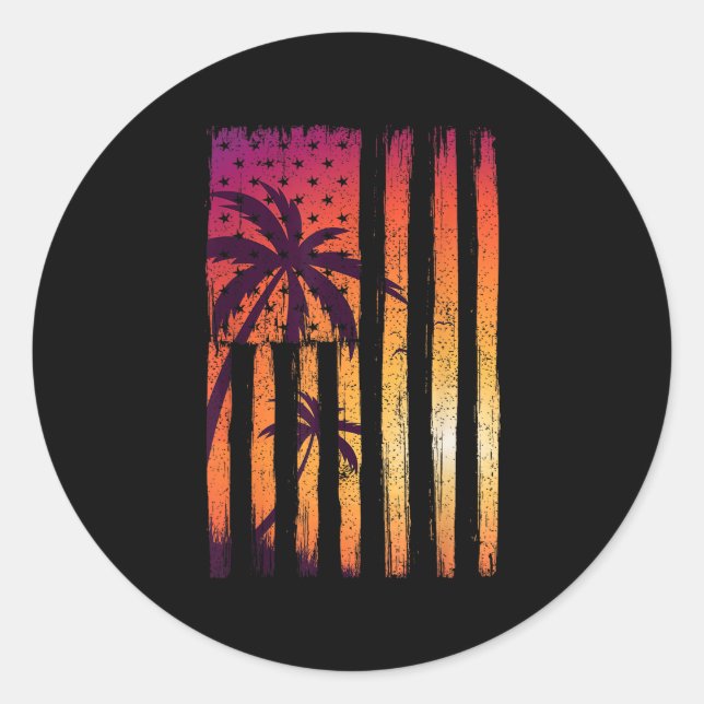 Summer Sunset Palm Trees American Flag Cool Spring Classic Round Sticker (Front)