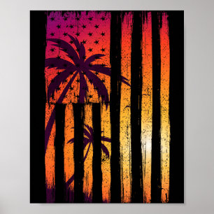 Summer Sunset Palm Trees American Flag Cool Spring Poster