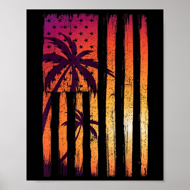 Summer Sunset Palm Trees American Flag Cool Spring Poster (Front)