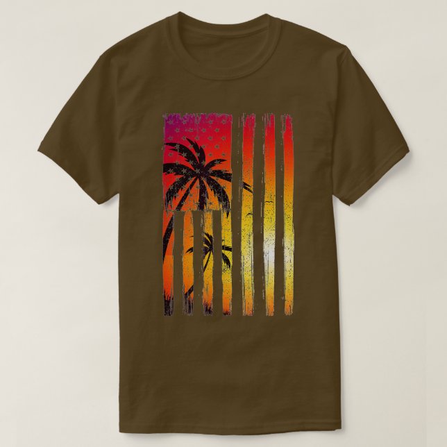 Summer Sunset Palm Trees American Flag Cool Spring T-Shirt (Design Front)