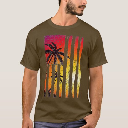 Summer Sunset Palm Trees American Flag Cool Spring T_Shirt