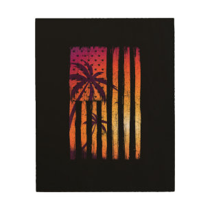 Summer Sunset Palm Trees American Flag Cool Spring Wood Wall Art