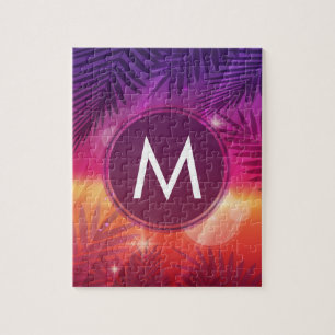 Summer Sunset Palm Trees Monogram Purple Orange Jigsaw Puzzle
