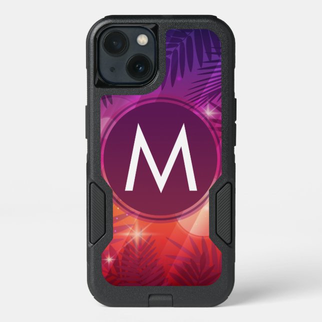 Summer Sunset Palm Trees Monogram Purple Orange Otterbox iPhone Case (Back)