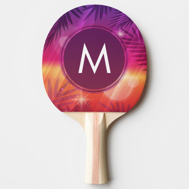 Summer Sunset Palm Trees Monogram Purple Orange Ping Pong Paddle (Front)