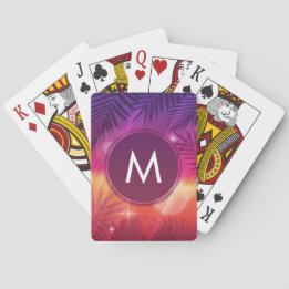 Summer Sunset Palm Trees Monogram Purple Orange Poker Cards