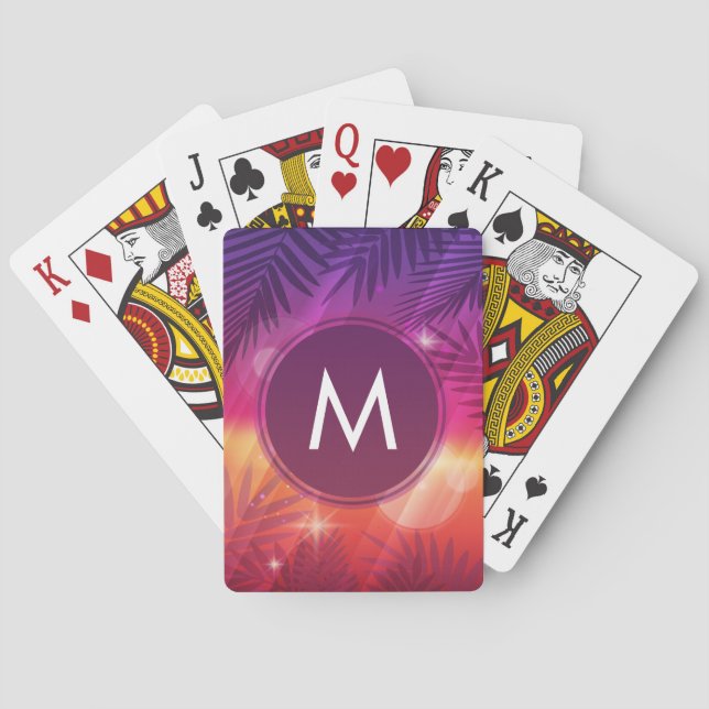 Summer Sunset Palm Trees Monogram Purple Orange Poker Cards (Back)