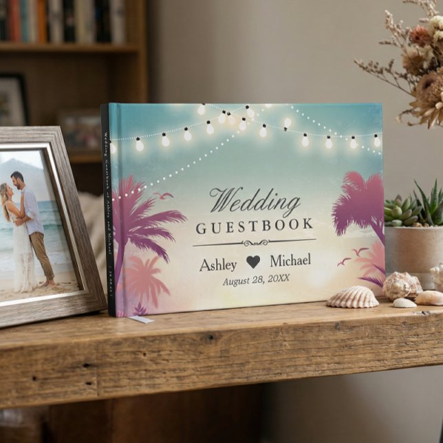 Summer Sunset Palm Tress String Lights Wedding Guest Book (Creator Uploaded)