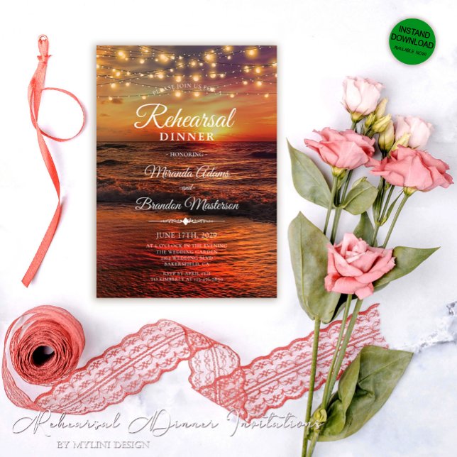 Summer Sunset String Light Beach Rehearsal Dinner Invitation (Creator Uploaded)