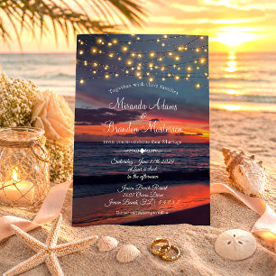 Summer Sunset String Lights Tropical Beach Wedding Invitation