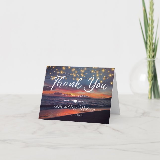 Summer Sunset String Lights Tropical Beach Wedding Letterpress Thank You Card (Front)