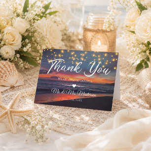 Summer Sunset String Lights Tropical Beach Wedding Thank You Card