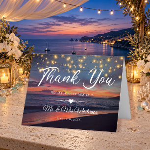 Summer Sunset String Lights Tropical Beach Wedding Thank You Card
