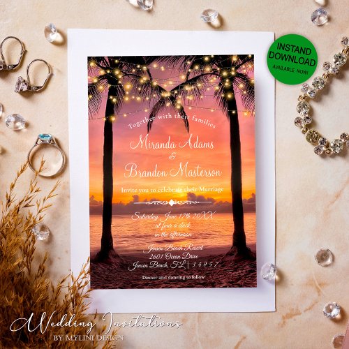 Summer Sunset Tropical Beach Wedding Invitation