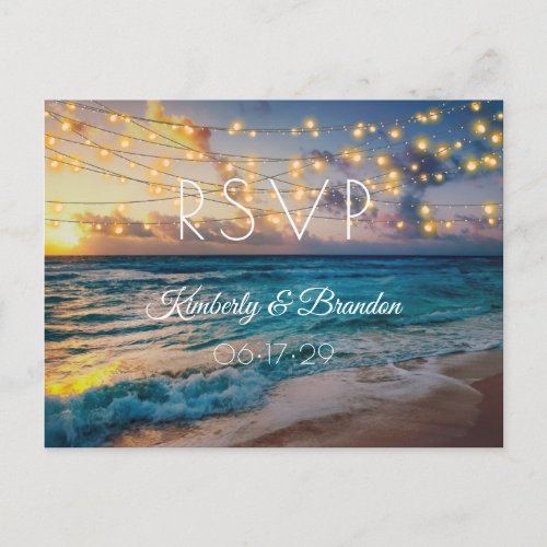 Summer Sunset Tropical Beach Wedding RSVP Postcard