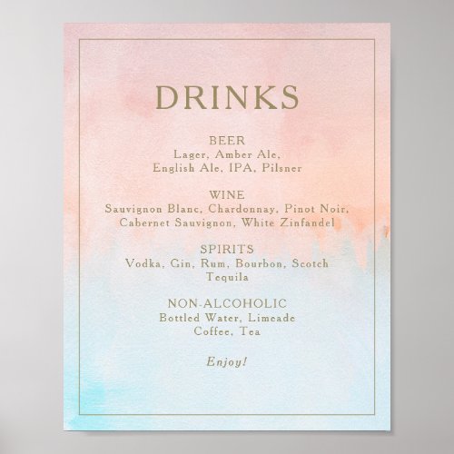Summer Sunset Watercolor drinks menu sign 