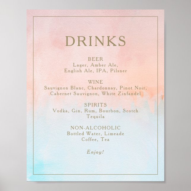 Summer Sunset Watercolor drinks menu sign  (Front)