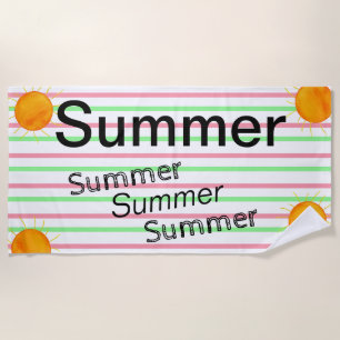 Summer Sunsets Pink Green White Stripes Beach Towel