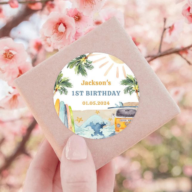 Summer Surf Birthday Party Classic Round Sticker (Creator Uploaded)