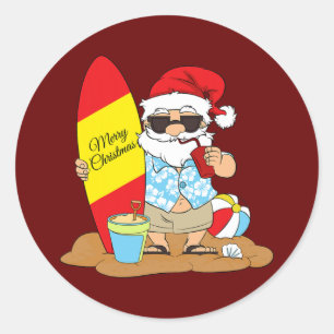 Summer Surf board beach Santa Hawaiian Christmas Classic Round Sticker