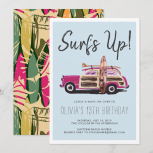 Summer Surf Party   Vintage Pink Car Invitation