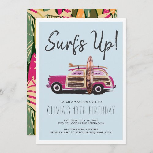 Summer Surf Party  Vintage Pink Car Invitation
