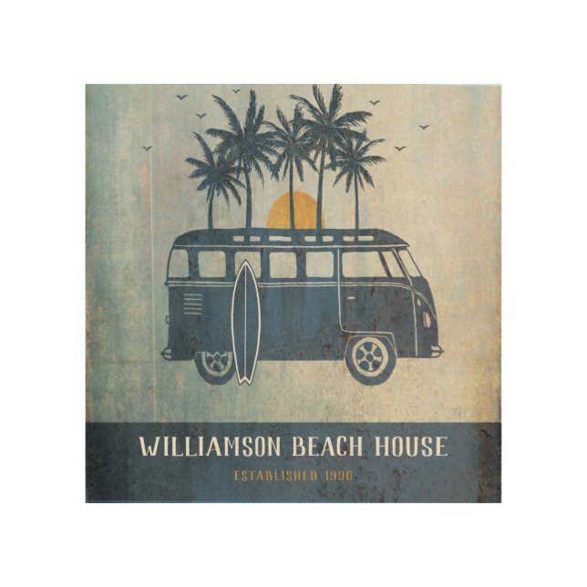 Summer Surf Van Family Beach House Monogrammed Wood Wall Art (Front)