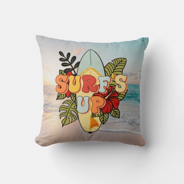 Summer surfing beach flowers and tropical leafs throw pillow (Front)