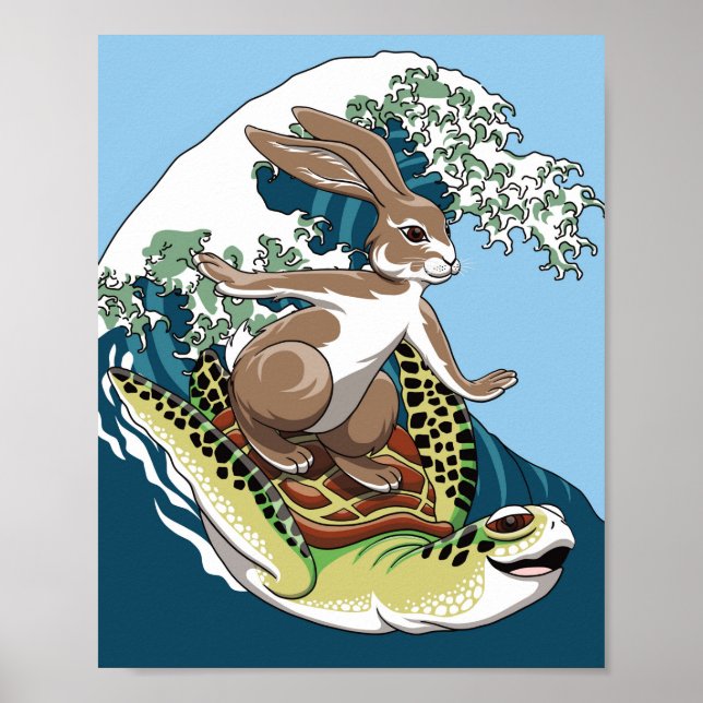 Summer Surfing - Turtle and Rabbit Illustration Poster (Front)