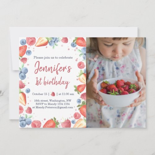 Summer Sweet Berry Baby Girl Birthday Invitation