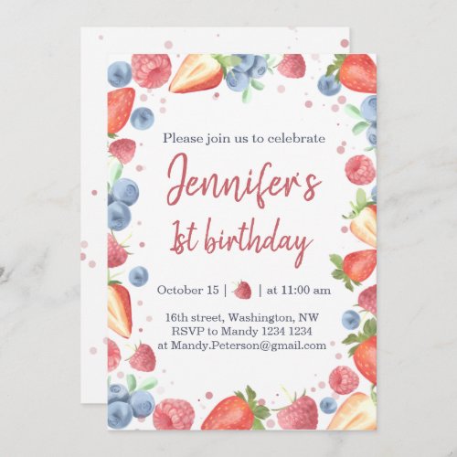 Summer Sweet Berry Strawberry 1st Birthday Invitation