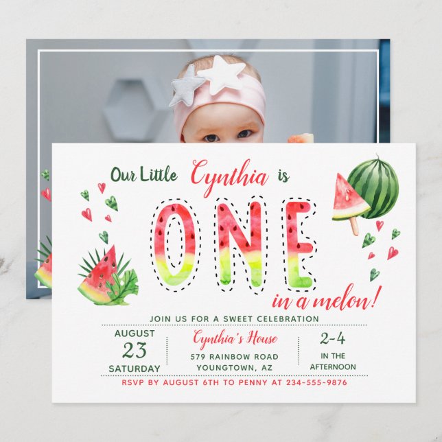 Summer Sweet Watermelon First Birthday Photo Invitation (Front/Back)