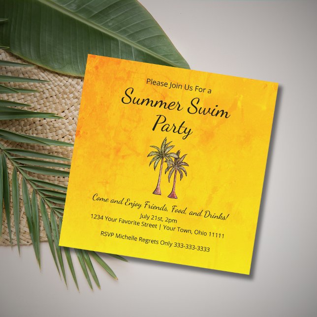 Summer Swim Pool Party Tropical Palm Trees Gold  Invitation (Creator Uploaded)