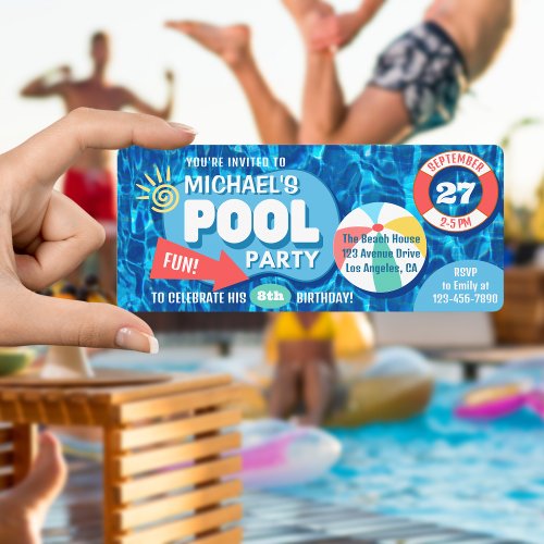 Summer Swimming Pool Party Tropical Birthday Blue  Invitation