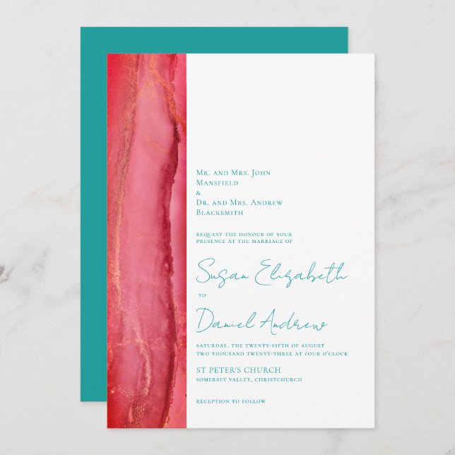 Summer Teal Red Pink Wedding Invitation (Front/Back)