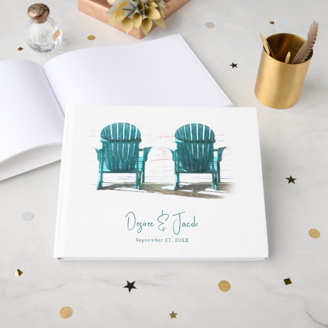 Summer Teal White Beach Chairs Guest Book (Front Open)