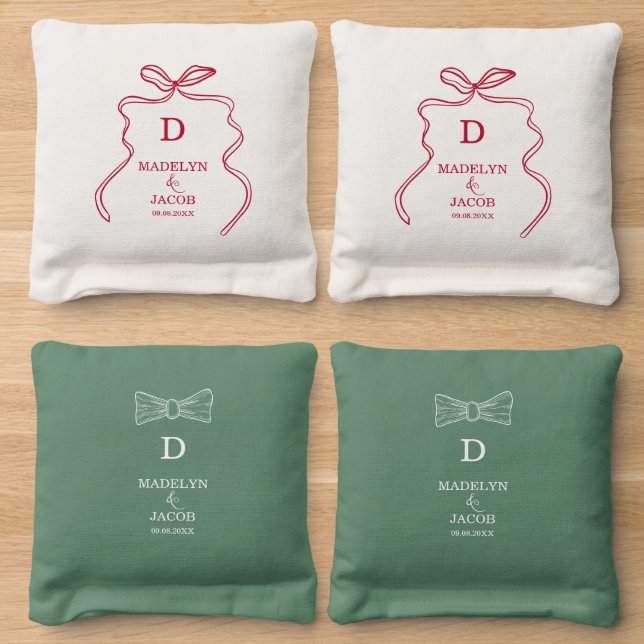 Summer Team Bride & Groom Wedding Reception Bow Cornhole Bags (Wood)