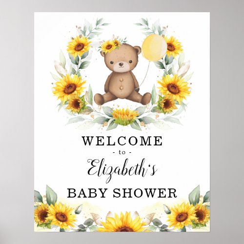 Summer Teddy Bear Sunflower Wreath Welcome Baby Poster