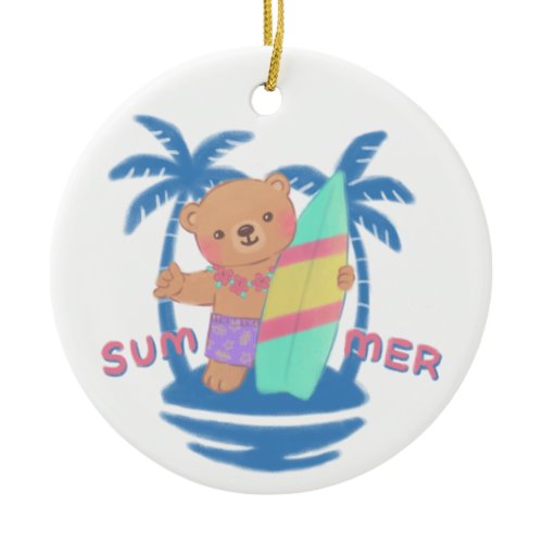 Summer Teddy Bear Surfer in Hawaii Ceramic Ornament