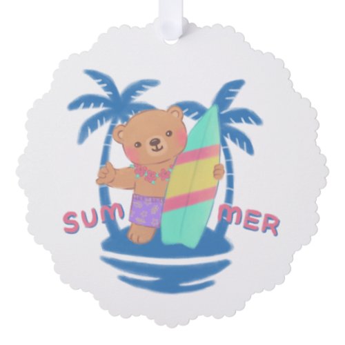 Summer Teddy Bear Surfer in Hawaii Ornament Card