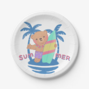 Summer Teddy Bear Surfer in Hawaii Paper Plates
