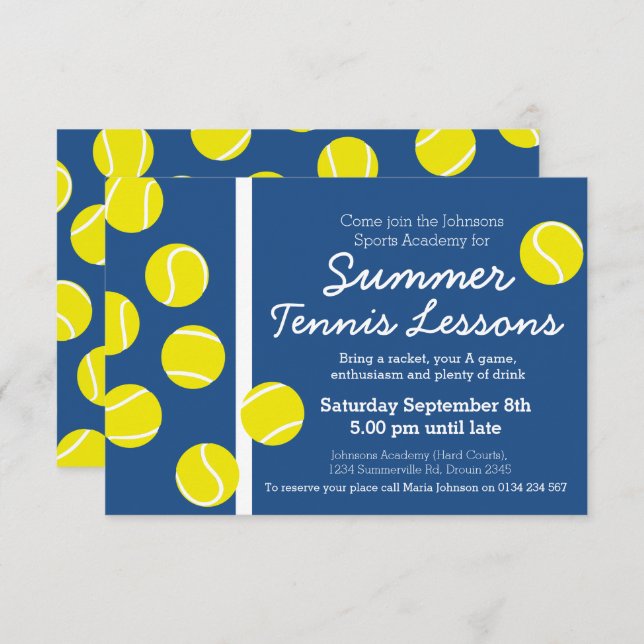 Summer tennis lesson event invites blue & white (Front/Back)