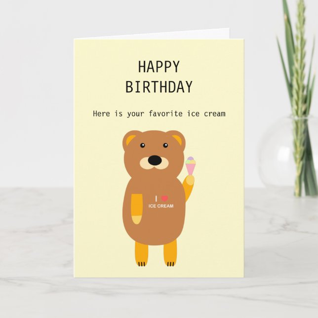 Summer Theme Funny Bear Ice Cream Happy Birthday Card (Front)