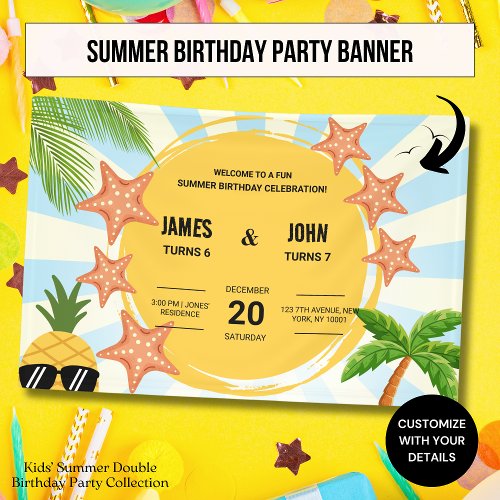 Summer Theme Kids Double Birthday Celebration Banner