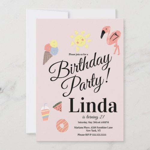 Summer Themed Birthday Hand Drawn Doodles  Invitation