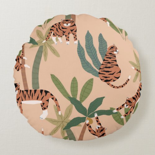 Summer Tigers Palm Trees Exotic Round Pillow