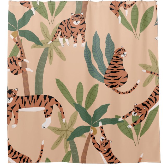 Summer Tigers Palm Trees Exotic Shower Curtain (Front)