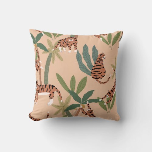 Summer Tigers Palm Trees Exotic Throw Pillow
