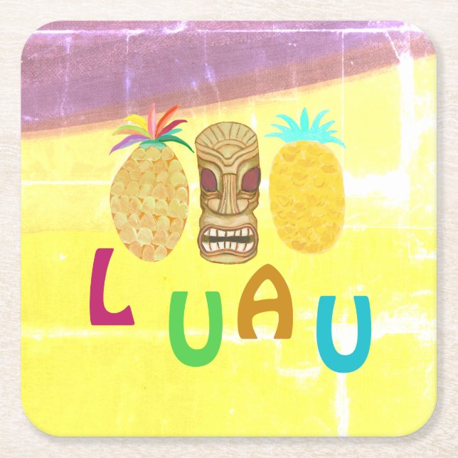 Summer Tiki Pineapple Luau Square Paper Coaster (Front)