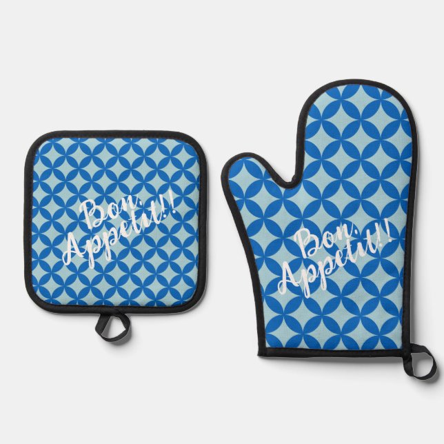 Summer tile with azure circles on baby blue oven mitt & pot holder set (Front)